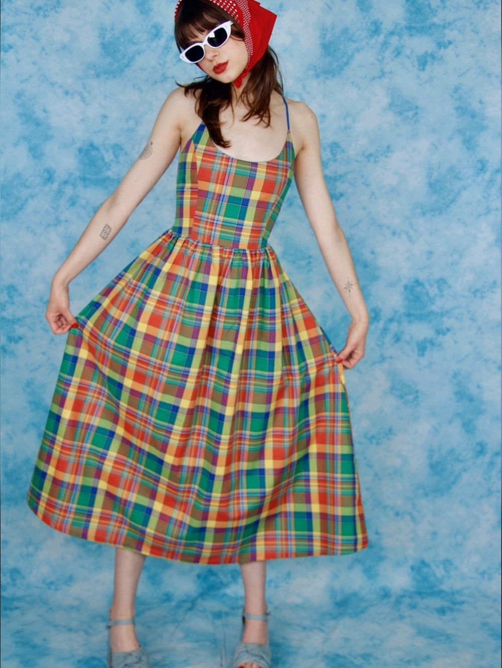 Vintage Rainbow Plaid Colorful Dress - Picture 9 of 13